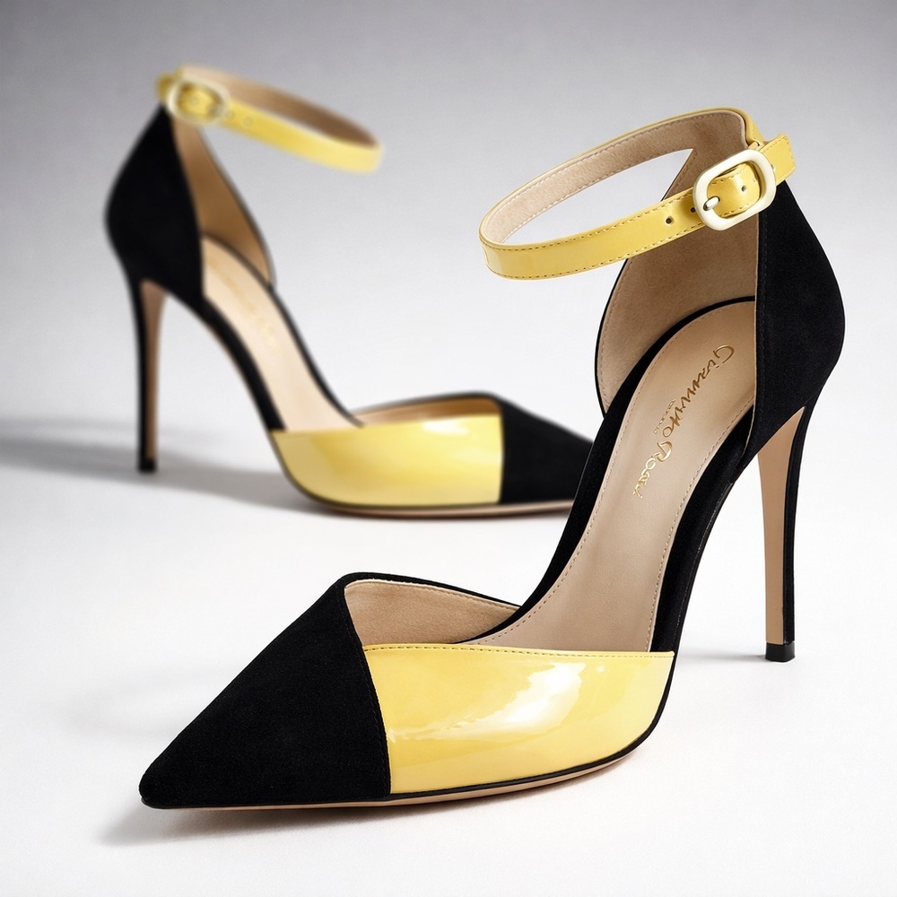Gianvito Rossi Colorblock Heels Black Suede Yellow Patent D’Orsay PumpsEU37Italy